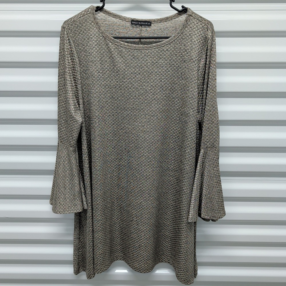 Nally & Millie Tunic L/XL Womens Metallic Taupe Silver Bell Sleeve Textured Top